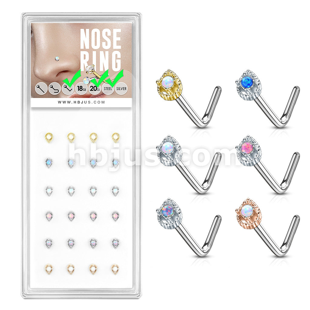 24 Pcs Tear Drop Prong Set Opal Center "L" Bend 20 Gauge 316L Surgical Steel Nose Bone Package