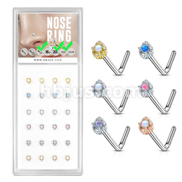 24 Pcs Tear Drop Prong Set Opal Center "L" Bend 20 Gauge 316L Surgical Steel Nose Bone Package