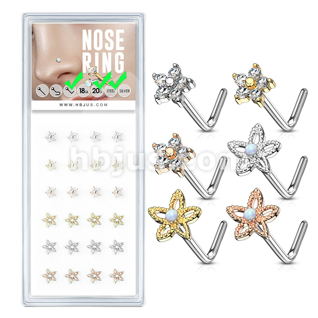 24 Pcs Flower Themed "L" Bend 20 Gauge 316L Surgical Steel Nose Bone Package