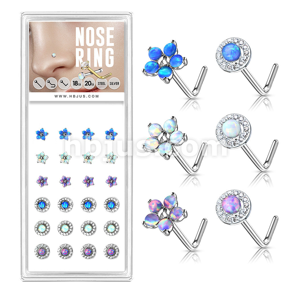 24 Pcs Opal Themed "L" Bend 20 Gauge 316L Surgical Steel Nose Bone Package