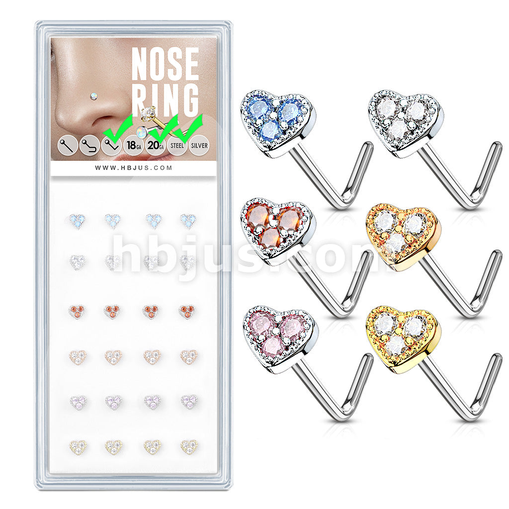 24 Pcs CZ Paved Heart "L" Bend 20 Gauge 316L Surgical Steel Nose Bone Package