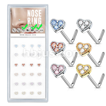 24 Pcs CZ Paved Heart "L" Bend 20 Gauge 316L Surgical Steel Nose Bone Package