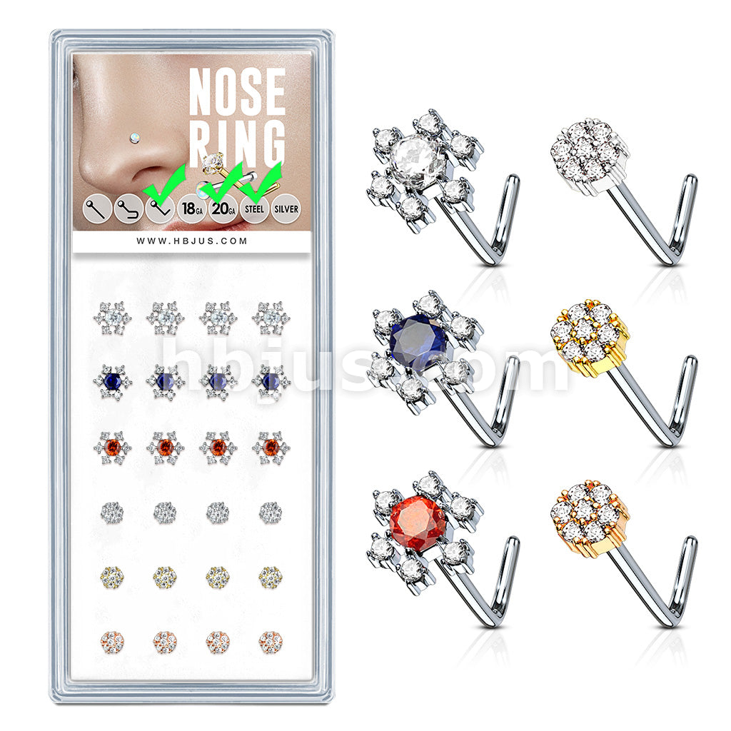 24 Pcs Snow Flake Themed "L" Bend 20 Gauge 316L Surgical Steel Nose Bone Package