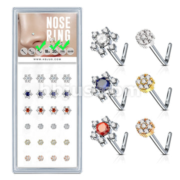 24 Pcs Snow Flake Themed "L" Bend 20 Gauge 316L Surgical Steel Nose Bone Package