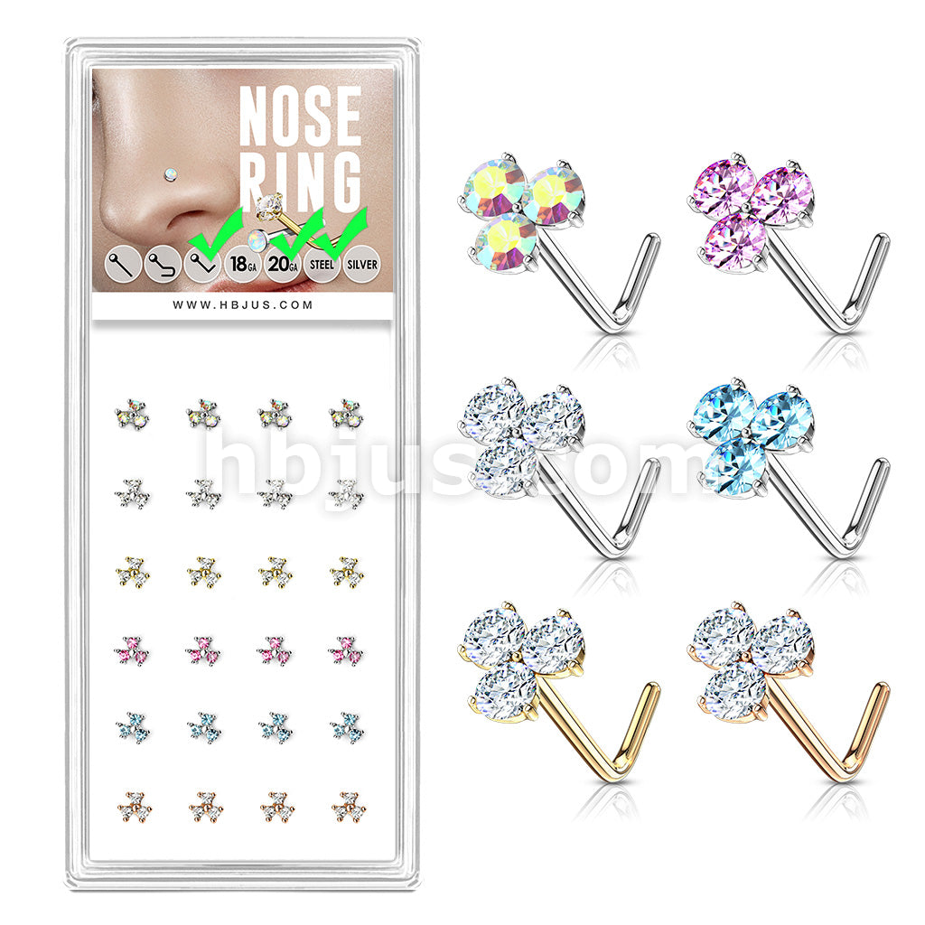 24 Pcs Round CZ Prong Set Triangle  "L" Bend 20 Gauge 316L Surgical Steel Nose Bone Package