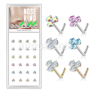 24 Pcs Round CZ Prong Set Triangle  "L" Bend 20 Gauge 316L Surgical Steel Nose Bone Package