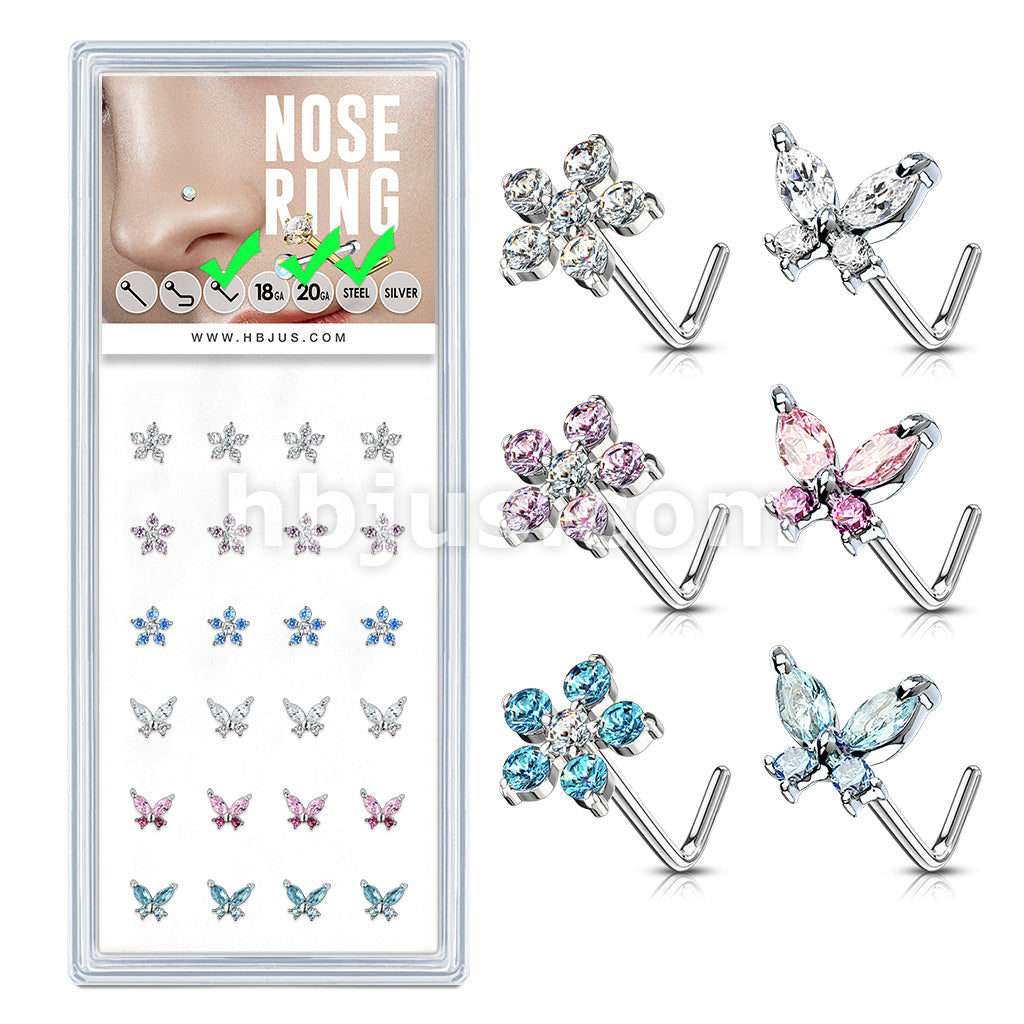 24 Pcs Flower and Butterfly Themed "L" Bend 20 Gauge 316L Surgical Steel Nose Bone Package