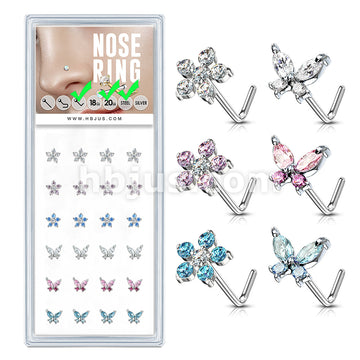 24 Pcs Flower and Butterfly Themed "L" Bend 20 Gauge 316L Surgical Steel Nose Bone Package