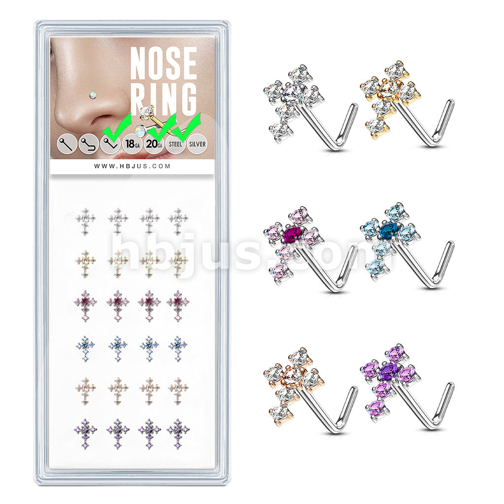 24 Pcs CZ Cross Top "L" Bend 20 Gauge 316L Surgical Steel Nose Stud Rings Package