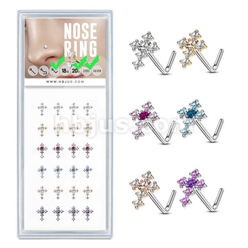 24 Pcs CZ Cross Top "L" Bend 20 Gauge 316L Surgical Steel Nose Stud Rings Package