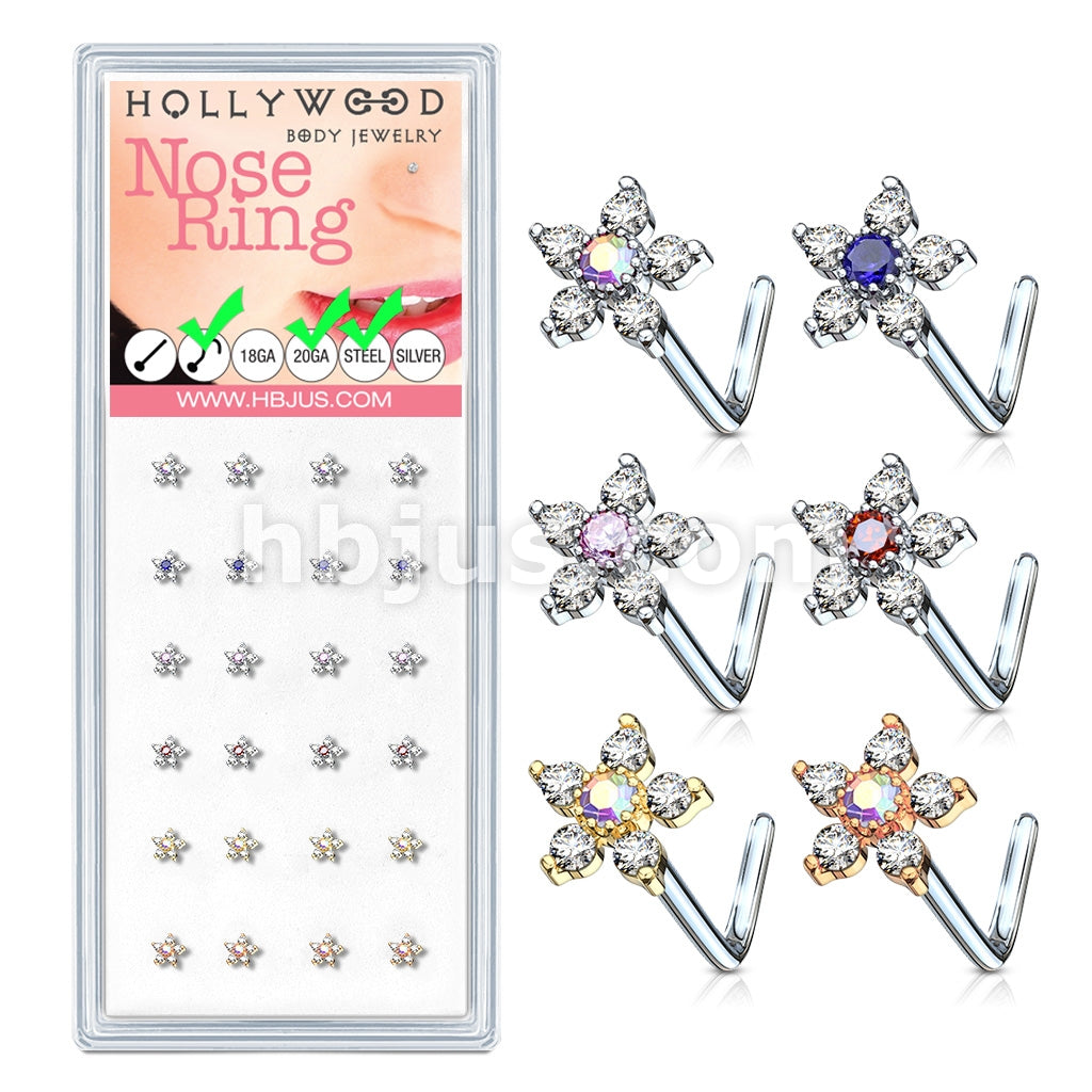24 Pcs 6 CZ Flower Top "L" Bend 20 Gauge 316L Surgical Steel Nose Bone Package