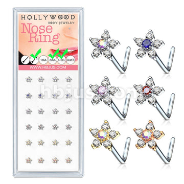 24 Pcs 6 CZ Flower Top "L" Bend 20 Gauge 316L Surgical Steel Nose Bone Package