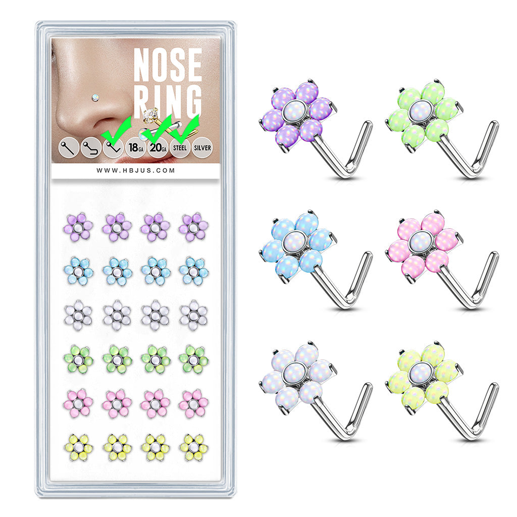 7 Illuminating Stone Flower L Bend 20 Gauge 316L Surgical Steel Nose Studs