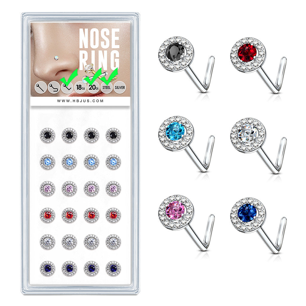 Double Tiered Round CZ Center Top L Bend 20 Gauge 316L Surgical Steel Nose Stud Rings
