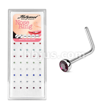 40 Pcs Mixed Gem "L" Bend Jeweled Half Dome Nose Bone Pack (5 pcs x 8 Colors)