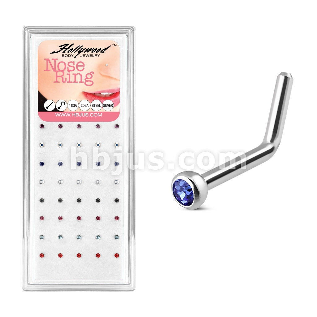 40 Pcs of 18 Gauge L Bend Press Fit Mixed Color CZ 316L Surgical Steel Nose Bone Package