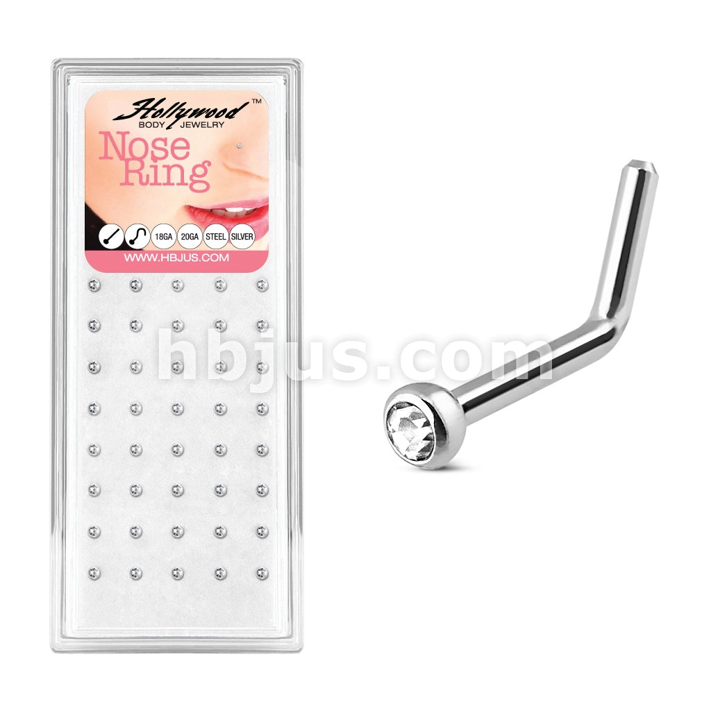 40 Pcs of 20 Gauge Clear L Bend Press Fit CZ 316L Surgical Steel Nose Bone Package