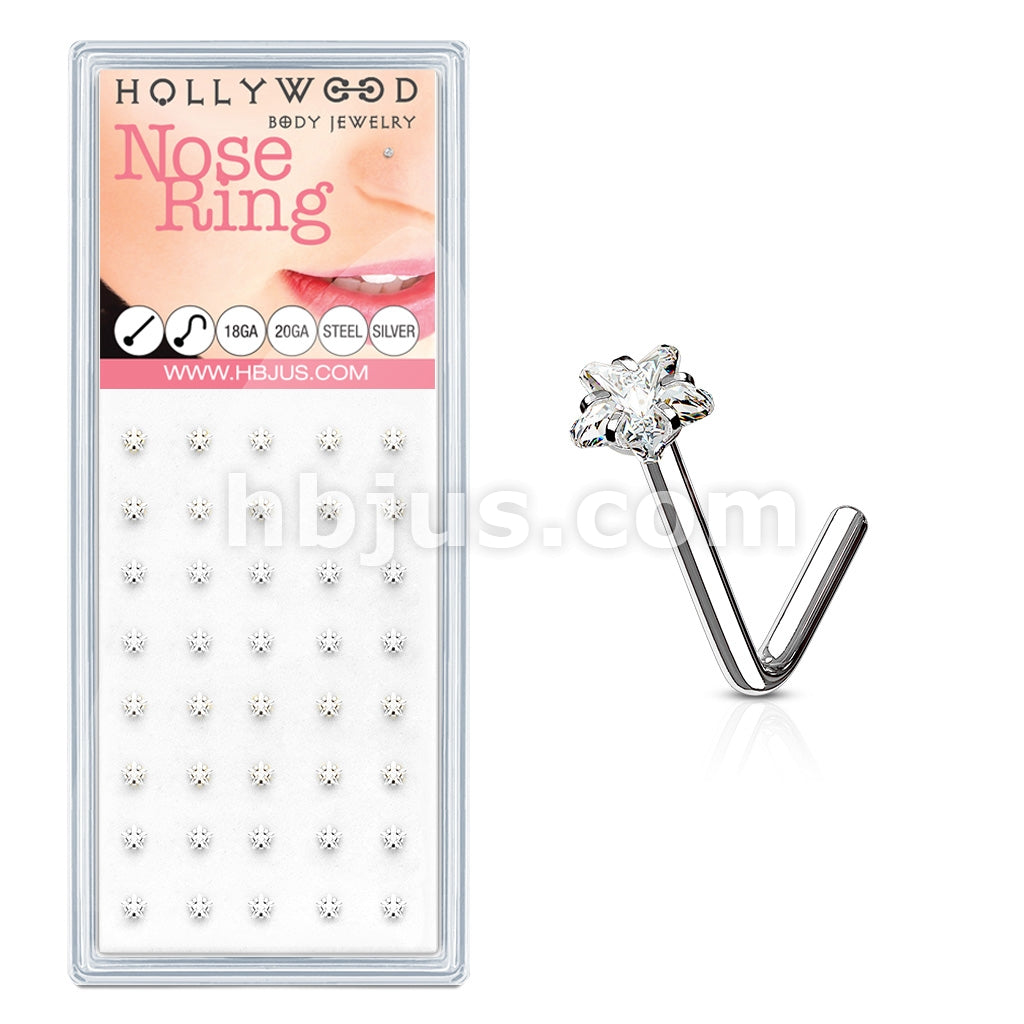 40 Pcs Pre Loaded 3mm Clear Star CZ Prong Set  316L Surgical Steel "L" Bend Nose Stud Ring Pakcage