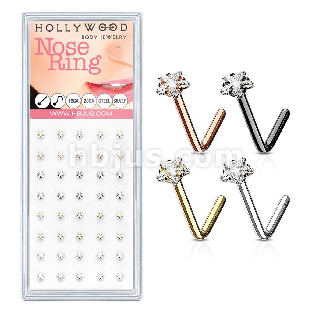 40 Pcs Pre Loaded 3mm Clear Star CZ Prong Set IP Over 316L Surgical Steel "L" Bend Nose Stud Ring Pakcage