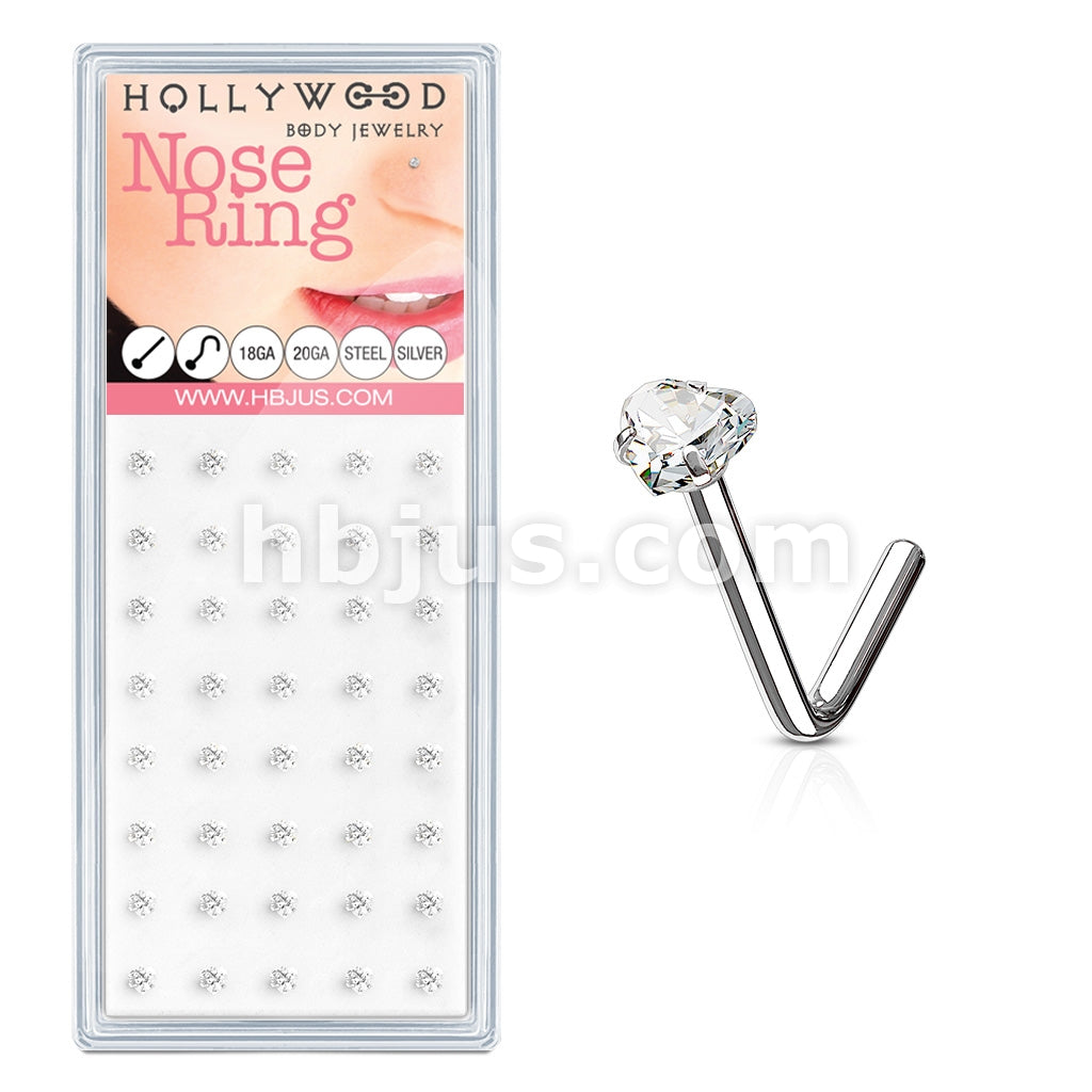 40 Pcs Pre Loaded 3mm Clear Heart CZ Prong Set  316L Surgical Steel "L" Bend Nose Stud Ring Pakcage