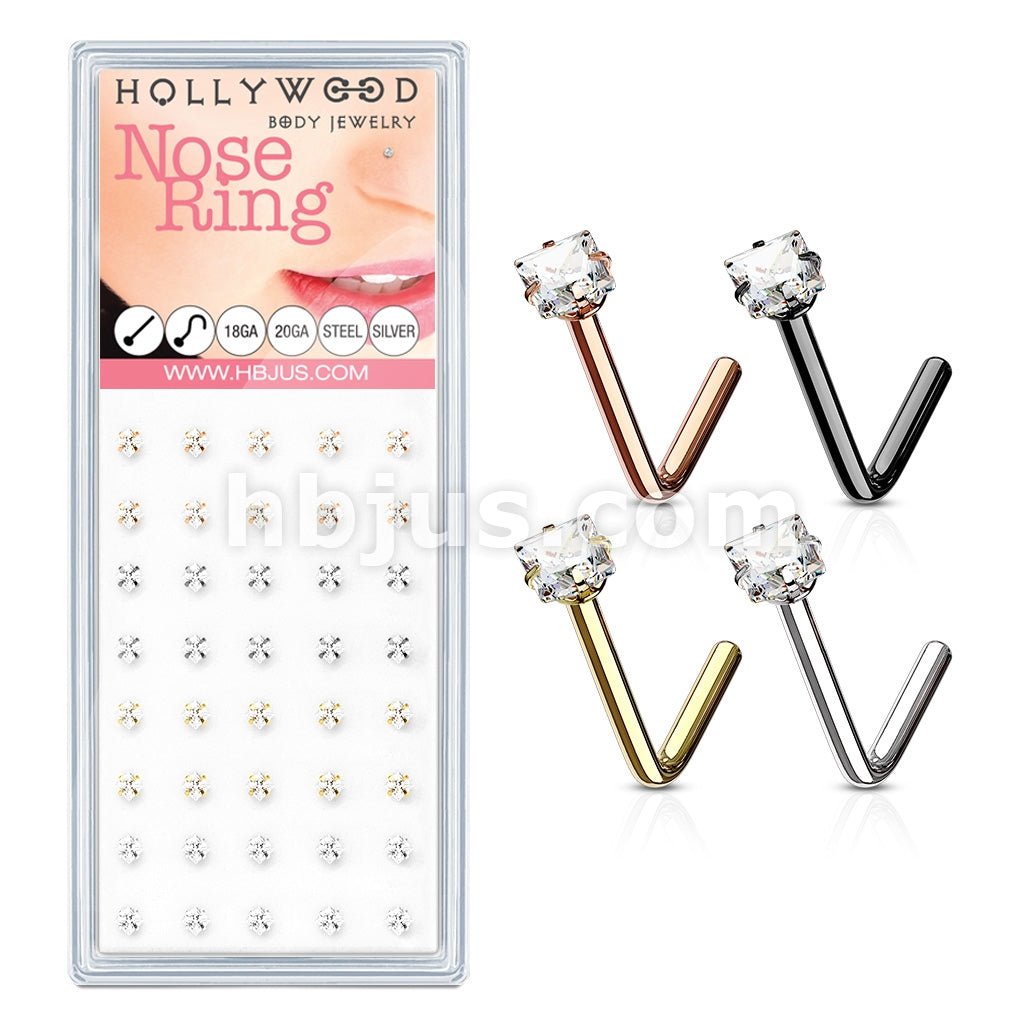 40 Pcs Pre Loaded 2.5mm Clear Sqaure CZ Prong Set IP Over 316L Surgical Steel "L" Bend Nose Stud Ring Package