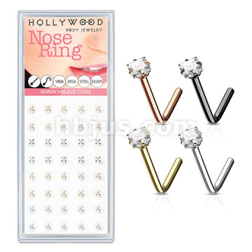 40 Pcs Pre Loaded 2.5mm Clear Sqaure CZ Prong Set IP Over 316L Surgical Steel "L" Bend Nose Stud Ring Package