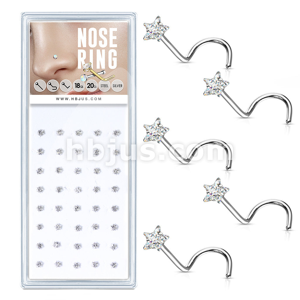 40 Pcs Pre Loaded Box of Prong Set Star CZ Top 316L Surgical Steel Nose Screw Pack