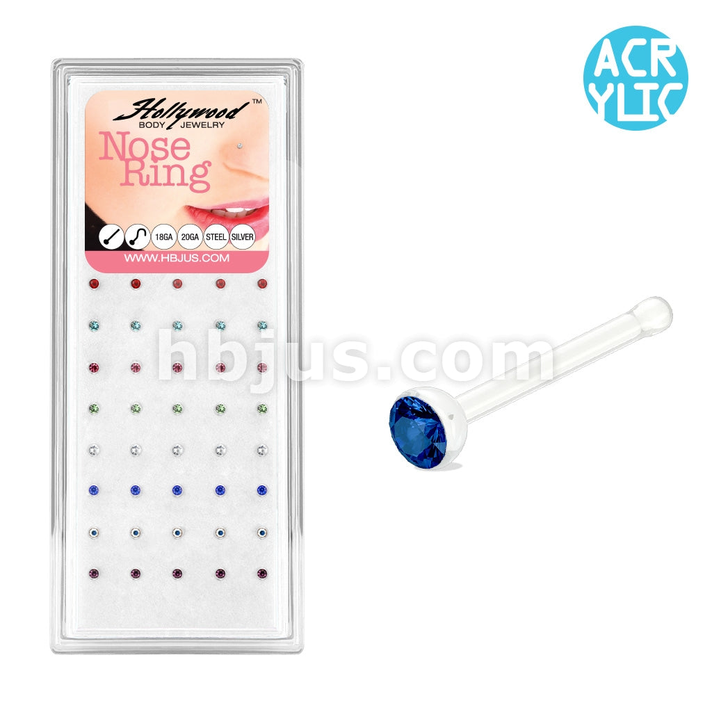 40 Pcs Mixed Gem Clear Acrylic Nose Bone Stud Pack (5 pcs x 8 Colors)
