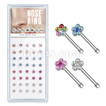 40 Pcs of 20 Gauge 316L Surgical Steel Mixed Color Gem Paved Flower Nose Bone Package
