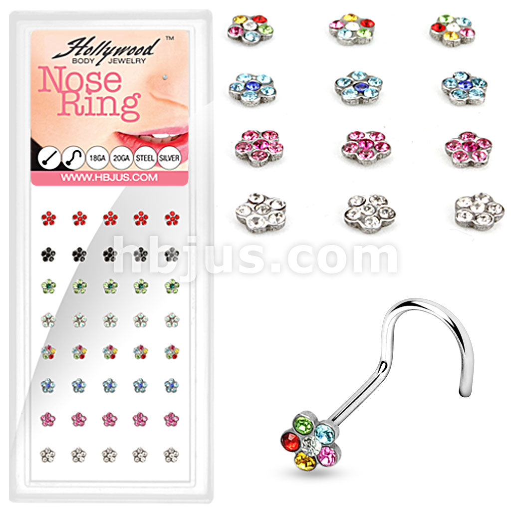 40 Pcs of 20 Gauge 316L Surgical Steel Mixed Color Multi Gem Paved Flower Nose Screw Package