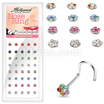 40 Pcs of 20 Gauge 316L Surgical Steel Mixed Color Multi Gem Paved Flower Nose Screw Package