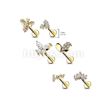 24 Pcs Pre Loaded Box of Fancy Assorted Styles with CZs 316L Surgical Steel Internally Threaded Labrets, Monroe, and Cartilage Studs Pack - Image 3