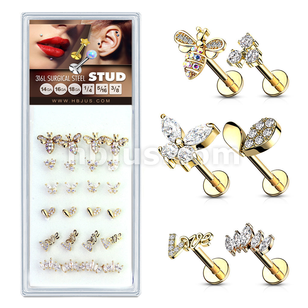 24 Pcs Pre Loaded Box of Fancy Assorted Styles with CZs 316L Surgical Steel Internally Threaded Labrets, Monroe, and Cartilage Studs Pack - Image 2