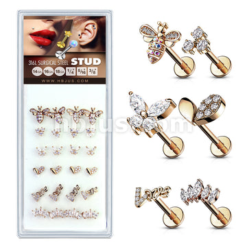 24 Pcs Pre Loaded Box of Fancy Assorted Styles with CZs 316L Surgical Steel Internally Threaded Labrets, Monroe, and Cartilage Studs Pack - Image 4