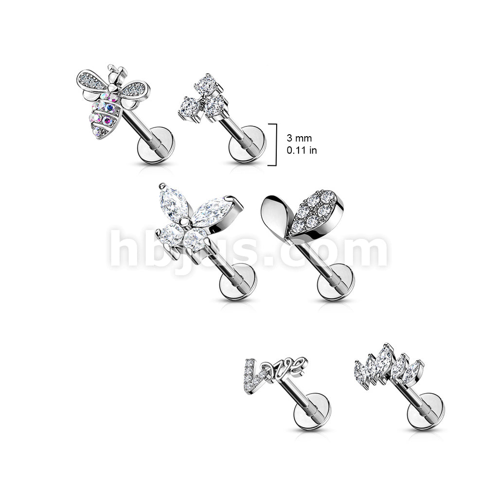 24 Pcs Pre Loaded Box of Fancy Assorted Styles with CZs 316L Surgical Steel Internally Threaded Labrets, Monroe, and Cartilage Studs Pack - Image 7