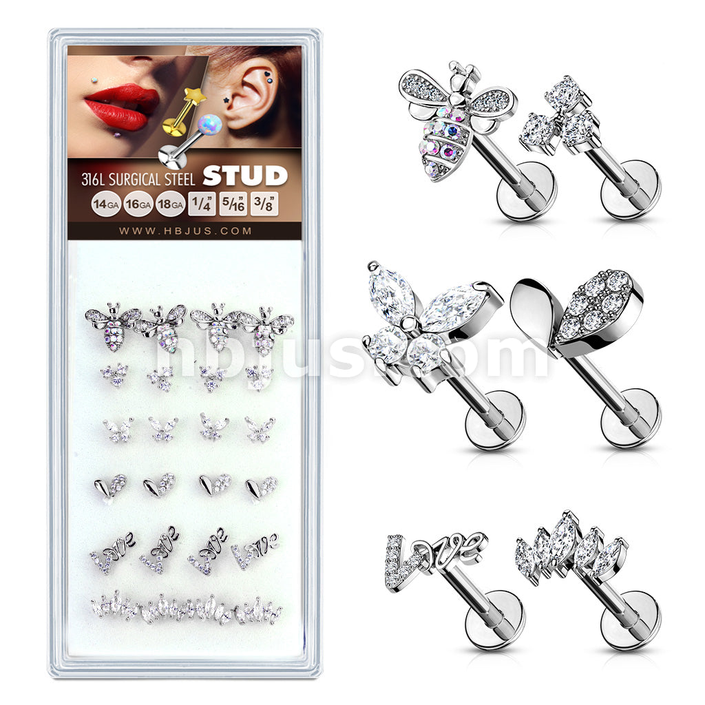 24 Pcs Pre Loaded Box of Fancy Assorted Styles with CZs 316L Surgical Steel Internally Threaded Labrets, Monroe, and Cartilage Studs Pack - Image 6