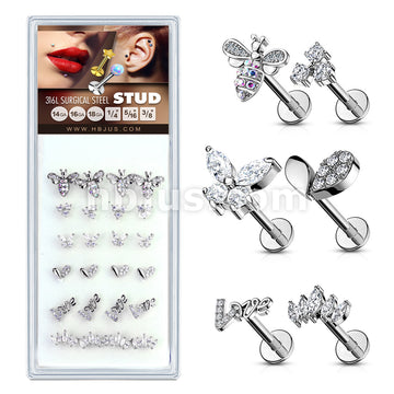 24 Pcs Pre Loaded Box of Fancy Assorted Styles with CZs 316L Surgical Steel Internally Threaded Labrets, Monroe, and Cartilage Studs Pack - Image 6