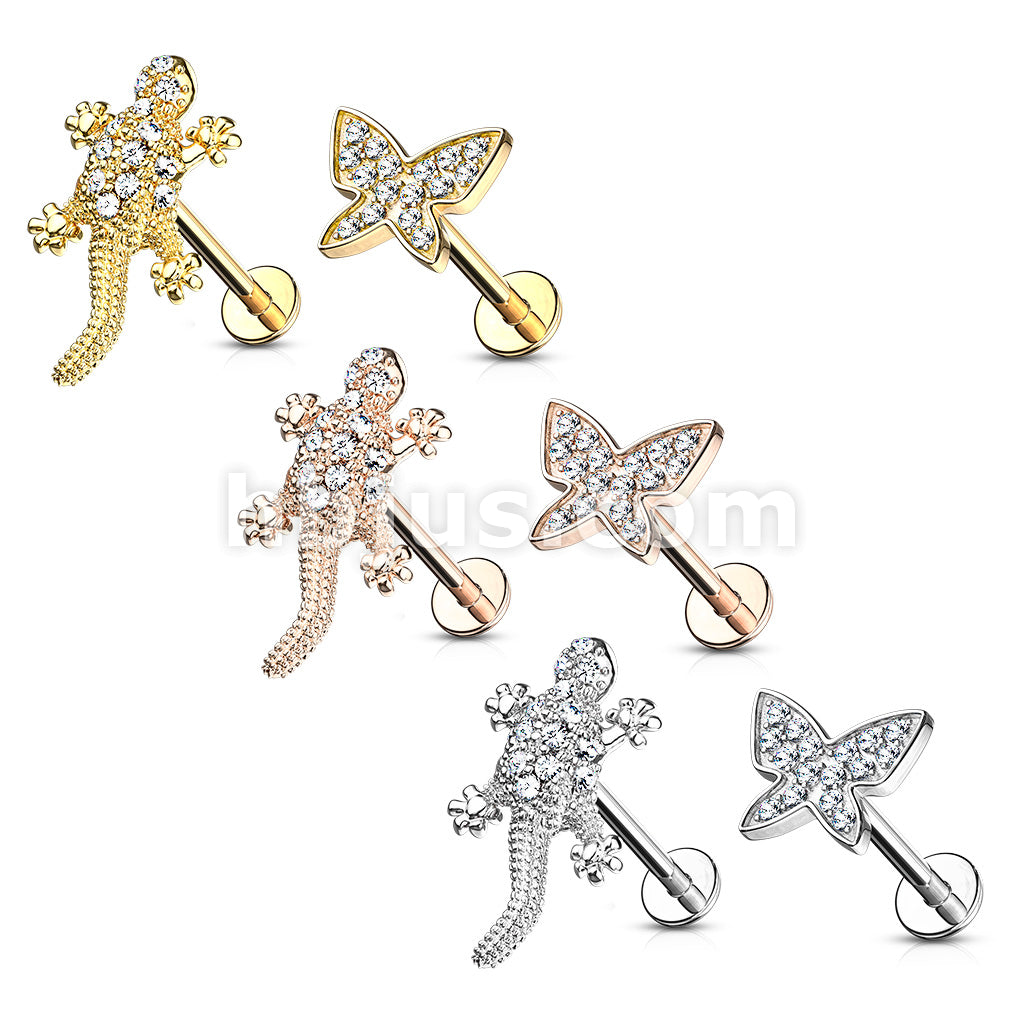 24 Pcs Pre Loaded Box of CZ Paved Lizard and Micro Paved CNC Set Butterfly 316L Surgical Steel Internally Threaded Labrets, Monroe, and Cartilage Studs Pack - Image 2