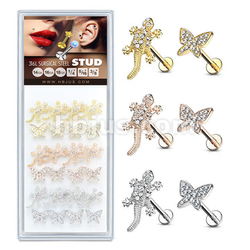 24 Pcs Pre Loaded Box of CZ Paved Lizard and Micro Paved CNC Set Butterfly 316L Surgical Steel Internally Threaded Labrets, Monroe, and Cartilage Studs Pack