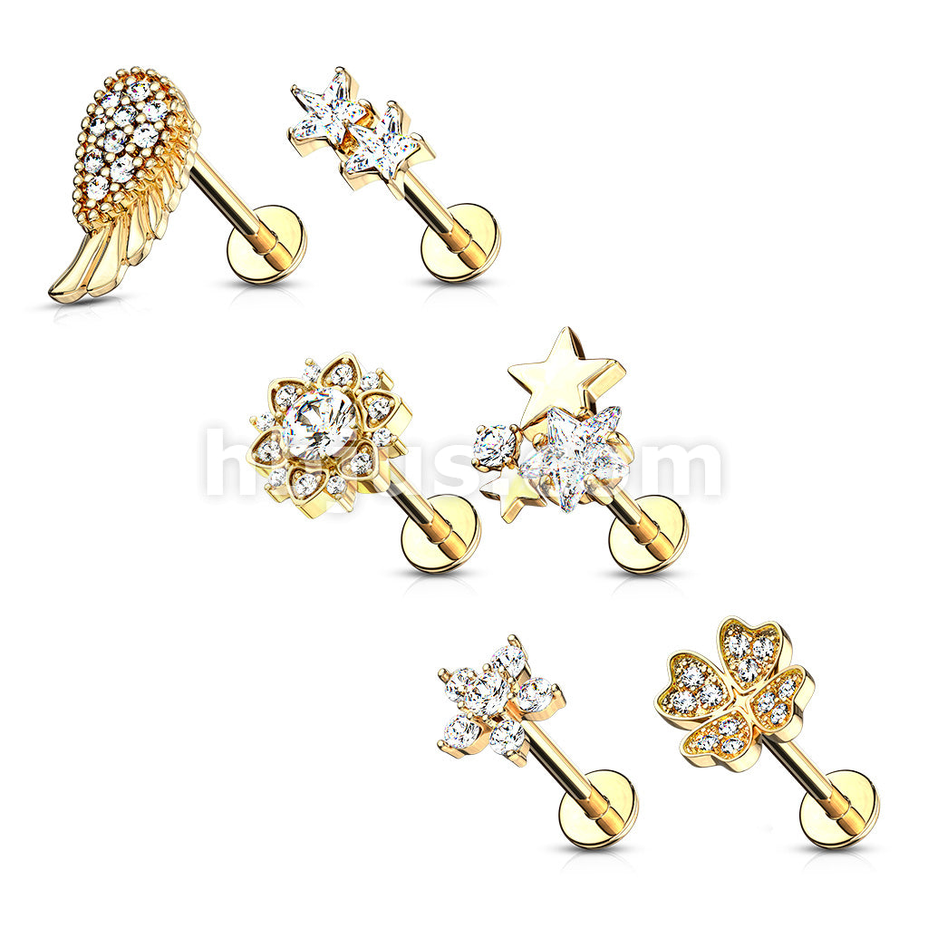 24 Pcs Pre Loaded Box of Assorted Styles with CZs 14Kt Gold Plated 316L Surgical Steel Internally Threaded Labrets, Monroe, and Cartilage Studs Pack - Image 2