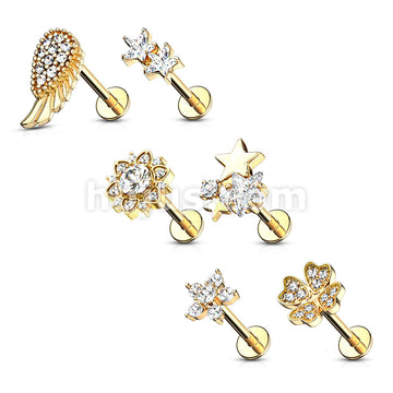 24 Pcs Pre Loaded Box of Assorted Styles with CZs 14Kt Gold Plated 316L Surgical Steel Internally Threaded Labrets, Monroe, and Cartilage Studs Pack - Image 2