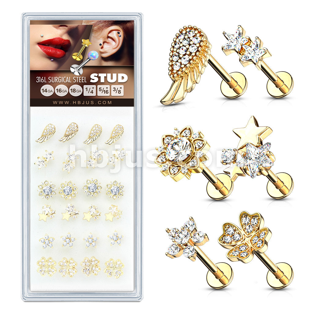 24 Pcs Pre Loaded Box of Assorted Styles with CZs 14Kt Gold Plated 316L Surgical Steel Internally Threaded Labrets, Monroe, and Cartilage Studs Pack