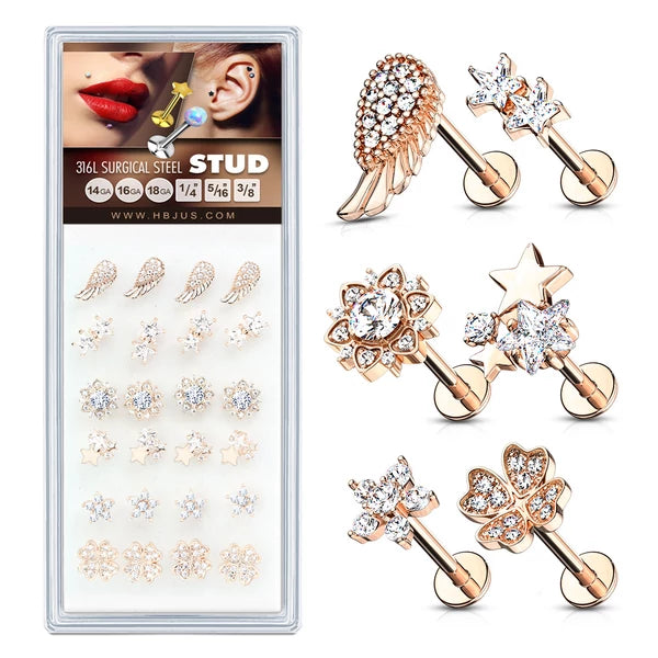 Styles with CZs 14Kt Rose Gold Plated 316L Surgical Steel Internally Threaded Labrets, Monroe, and Cartilage Studs
