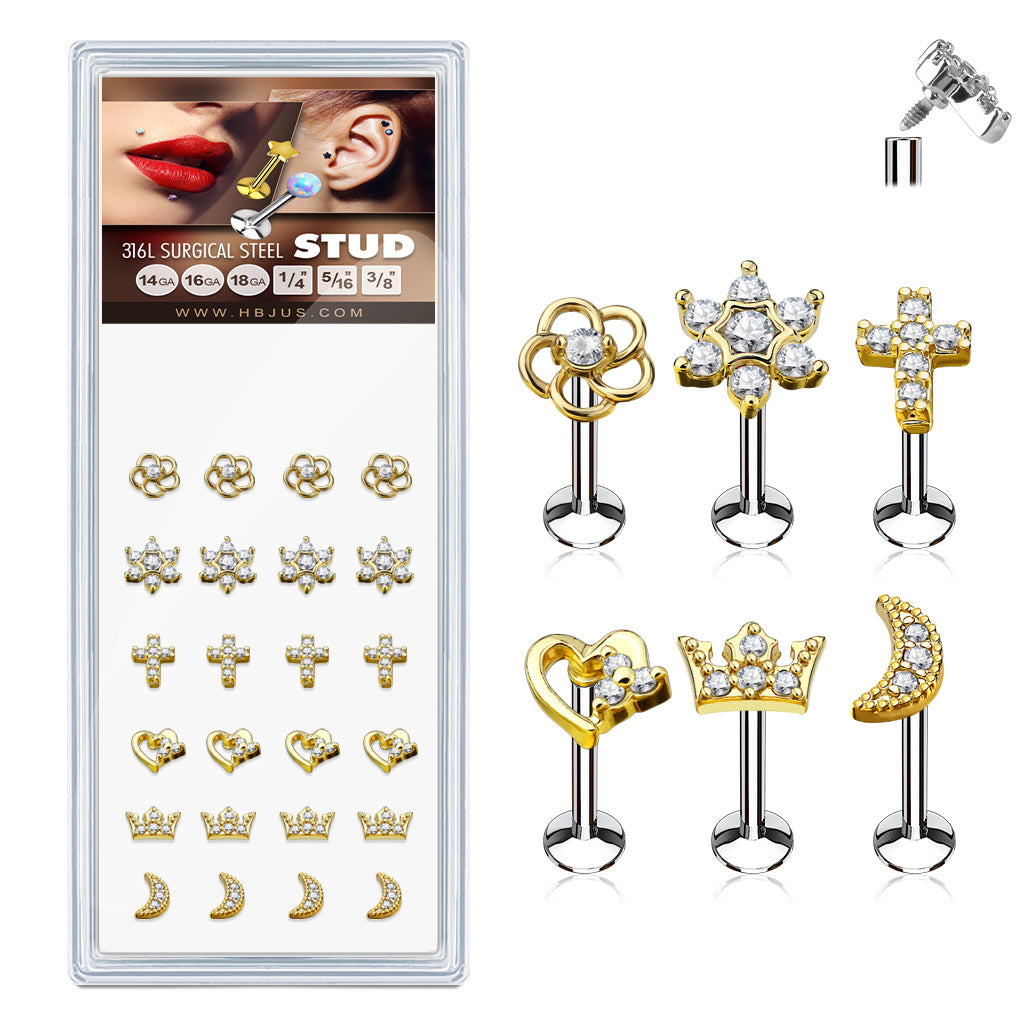 Internally Theaded Styles Gold PlatedTop 316L Surgical Steel Stud Pack for Labret, Lip, Monroe and Ear Cartilage