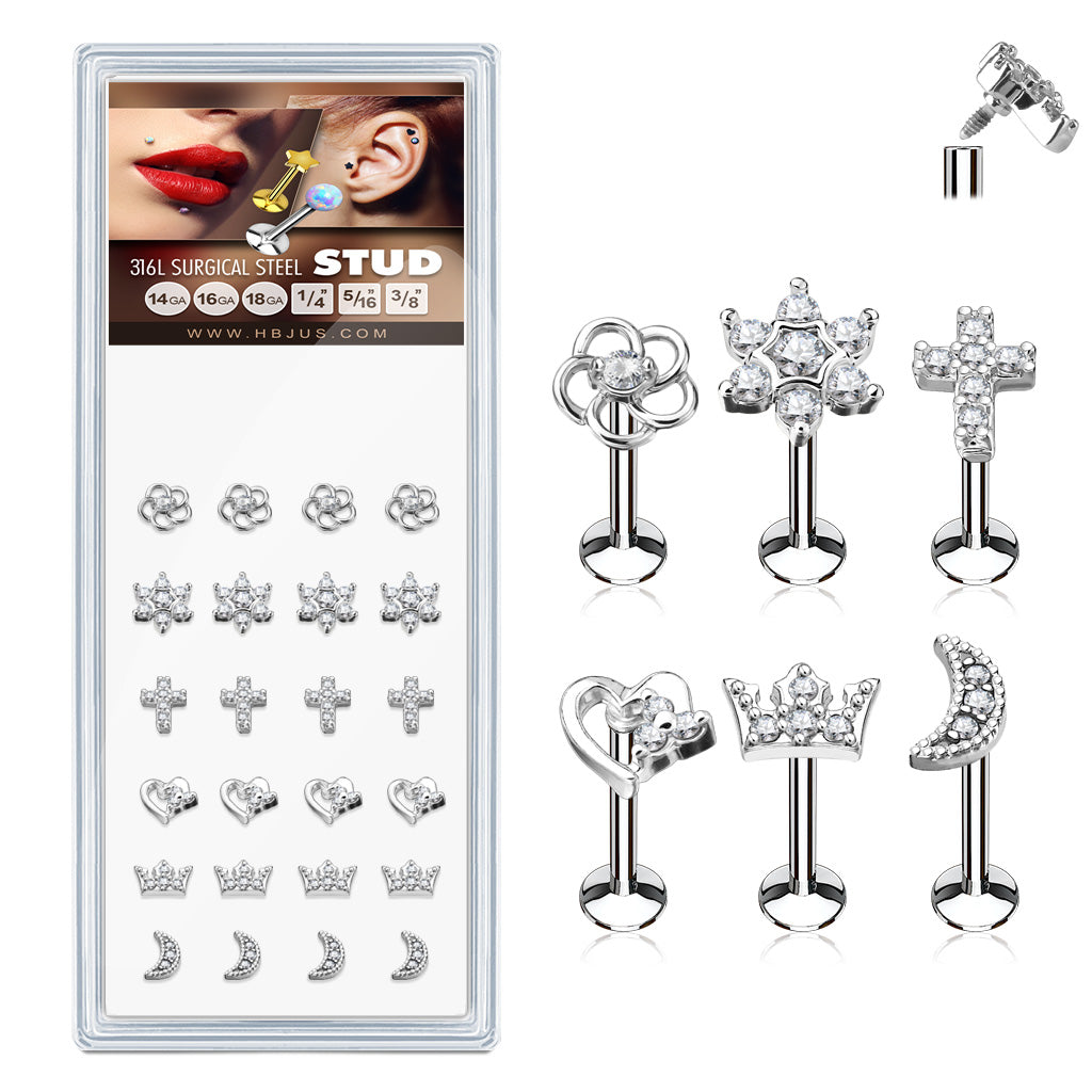 Internally Theaded Styles Top 316L Surgical Steel Stud Pack for Labret, Lip, Monroe and Ear Cartilage
