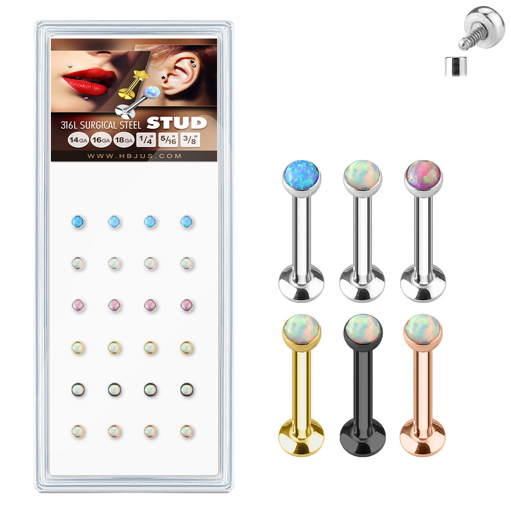 Internally Theaded Opal Set Flat Top 316L Surgical Steel Stud Pack for Labret, Lip, Monroe and Ear Cartilage