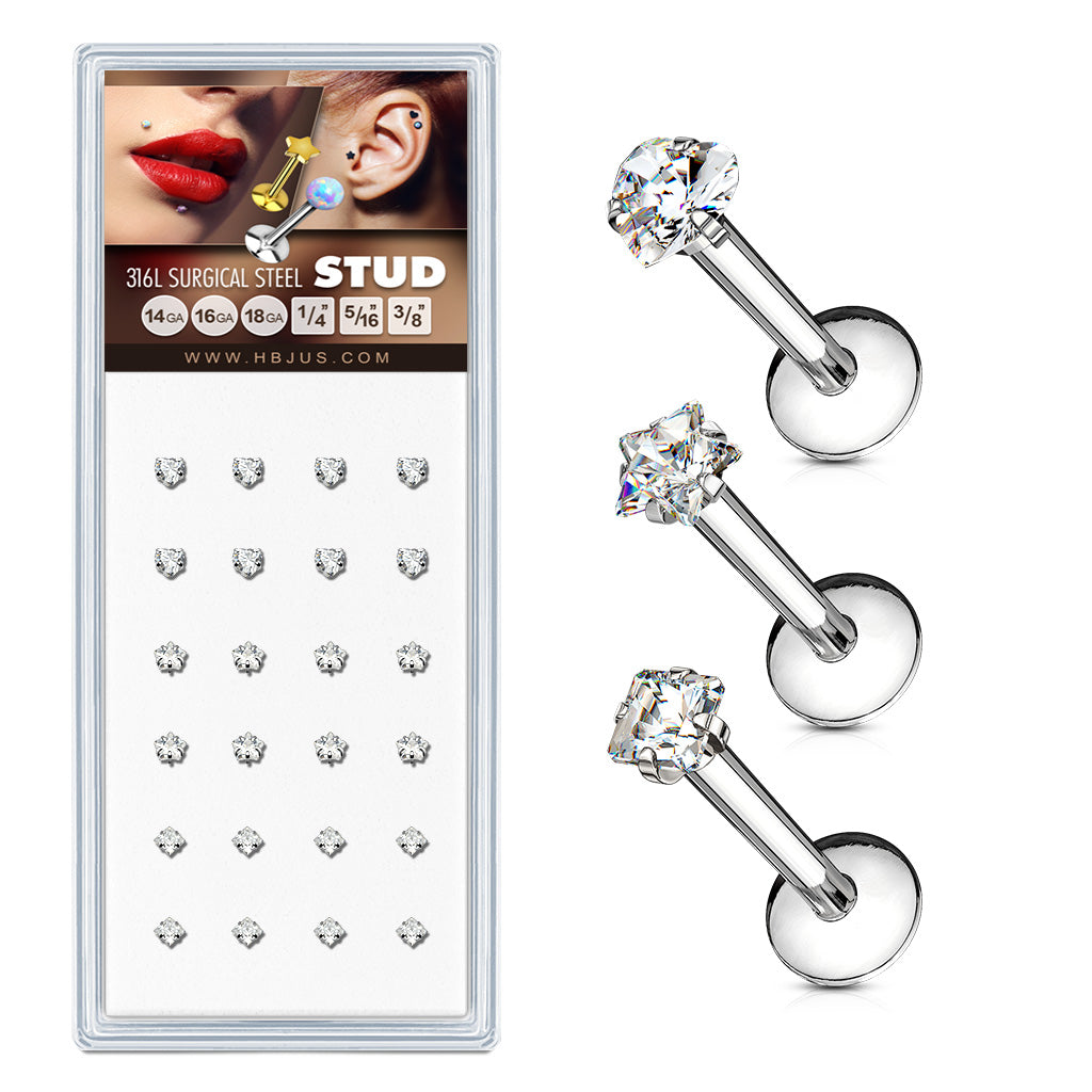 Internally Threaded Prong Set CZ Top Mi 316L Stud Pack for Labret, Lip, Monroe and Ear Cartilage
