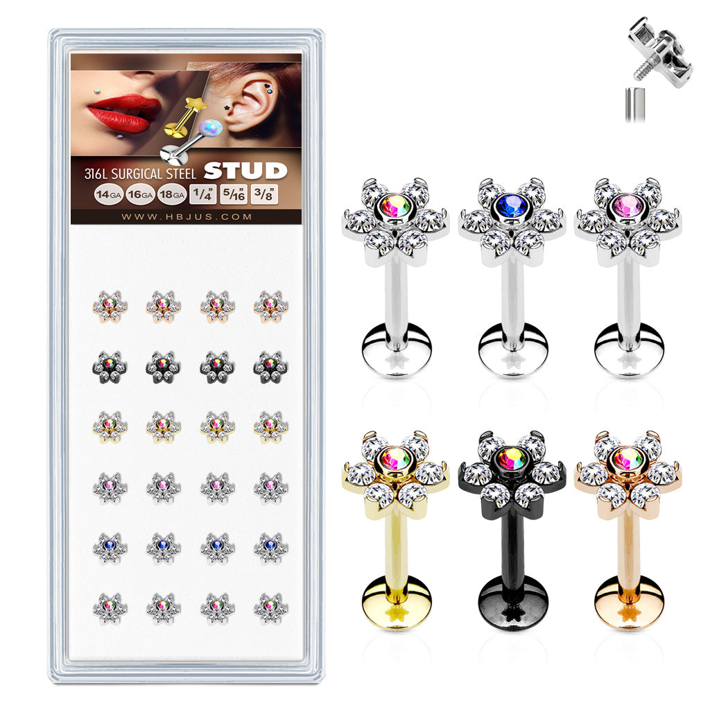 Internally Threaded 6 Gem Flowe Top 316L Stud Pack for Labret, Lip, Monroe and Ear Cartilage