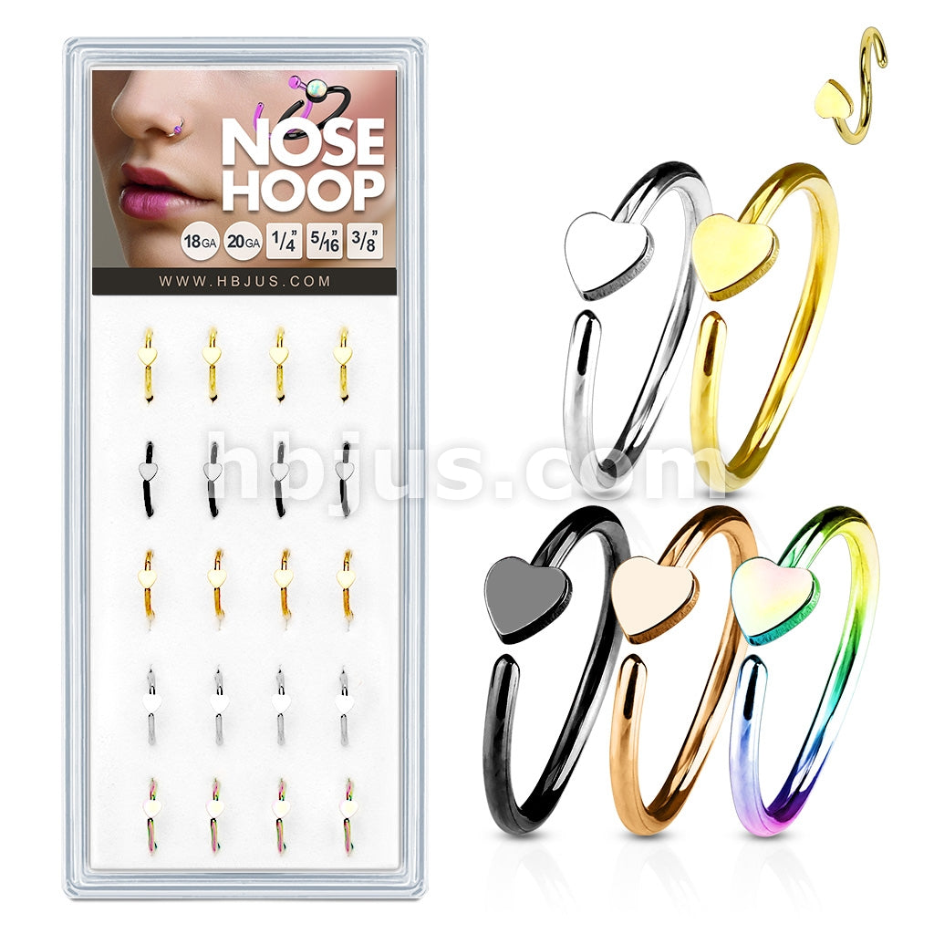 20 Pcs Pre Loaded Box of Nose Hoops IP Plated Over 316L Surgical Steel with Hear
