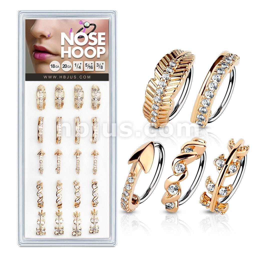 20 Pcs Pre Loaded Mixed Styles RoseGold IP 316L Surgical Steel Nose Hoop Rings Pack (5 Styles x 4 Pcs)